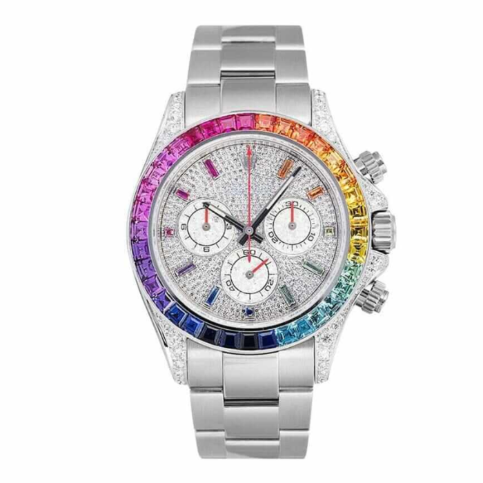 Chronograph 40 – Black Diamond Dial | Silver Tone Bracelet & Rainbow Gem Bezel